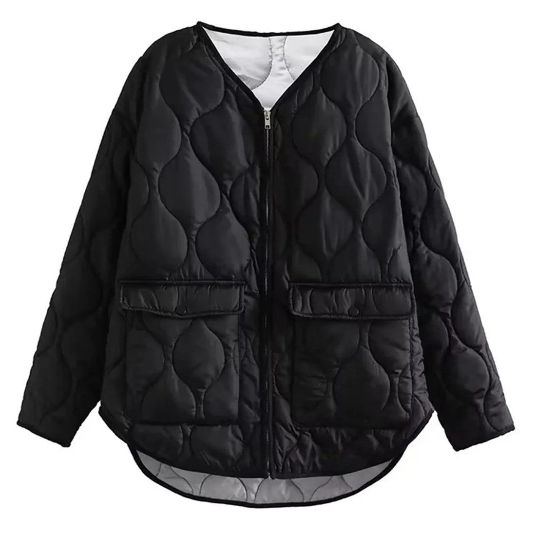 Women's Solid Winter Jacket V Neck Zipper Long Sleeve Cotton Down Coat For Women Versatile Wolfeel Quilted Jacket For Women