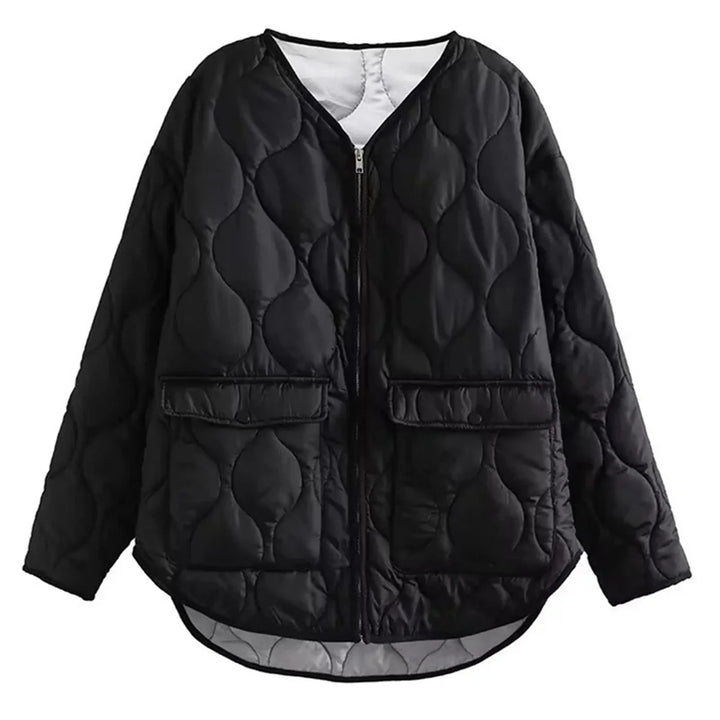 Women's Solid Winter Jacket V Neck Zipper Long Sleeve Cotton Down Coat For Women Versatile Wolfeel Quilted Jacket For Women