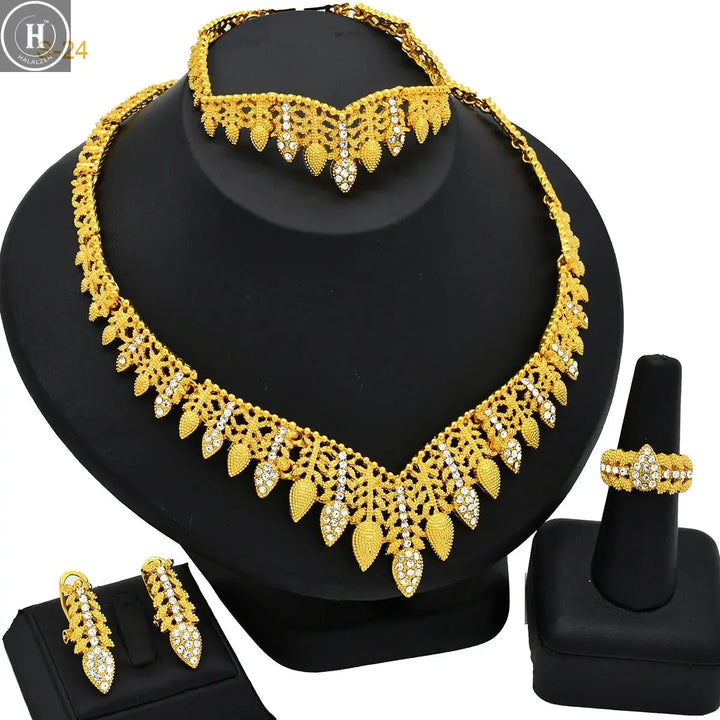 Flower Tassel Necklace Earrings Ring Bracelet Bride 4-Piece Set Women24K Gold AU999- Unified style, elegant with wedding dresses HALALZEN