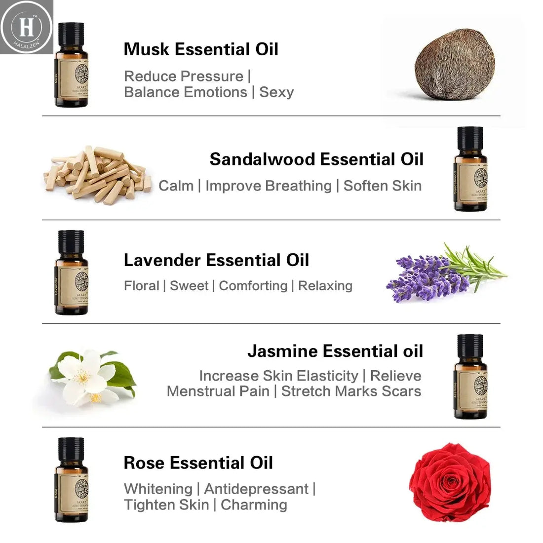 AKARZ Hots Series Essential Oils Gift Set Musk, Sandalwood, Lavender, Jasmine, Rose Aromatherapy Oils for Diffuser,10mL Bottles HALALZEN