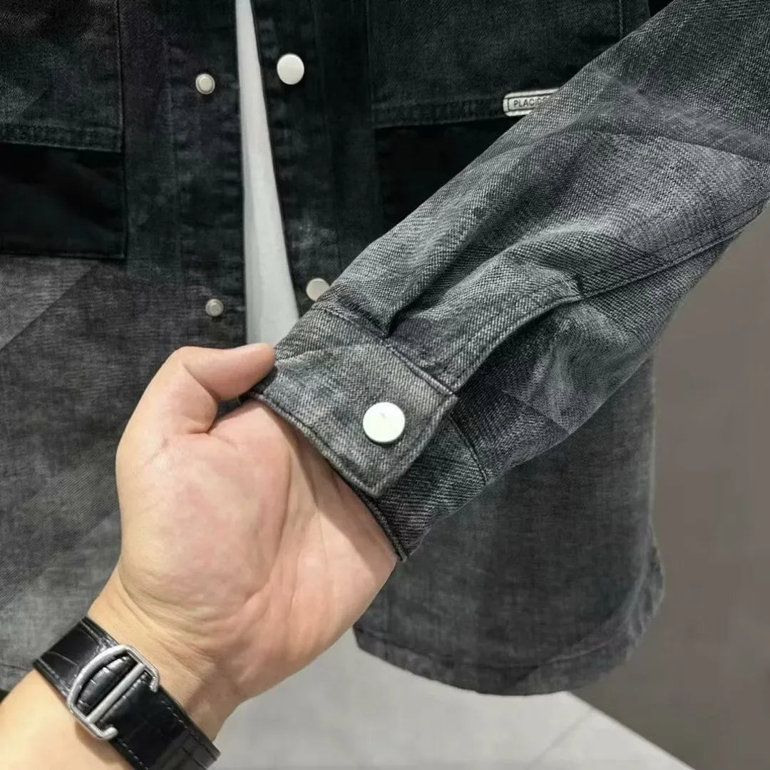 Men's Casual Loose Fit Denim Jacket With Patchwork Design And Faded Wash Turn Down Collar Single Breasted Long Sleeve Outerwear