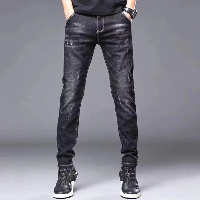 Men's Stylish Classic Business Casual Jeans Four Seasons Wear Black Blue Pants Middle-waist Leggings Denim Fabric Trousers Male Halalzen UK