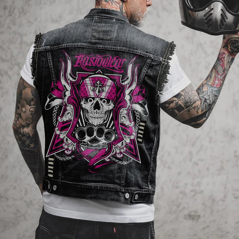 Rock Punk Style Skull Printed Denim Vest Jacket Men Vintage Ripped Buttoned Lapel Waistcoats Mens 2026 Spring Fall Jean Jackets