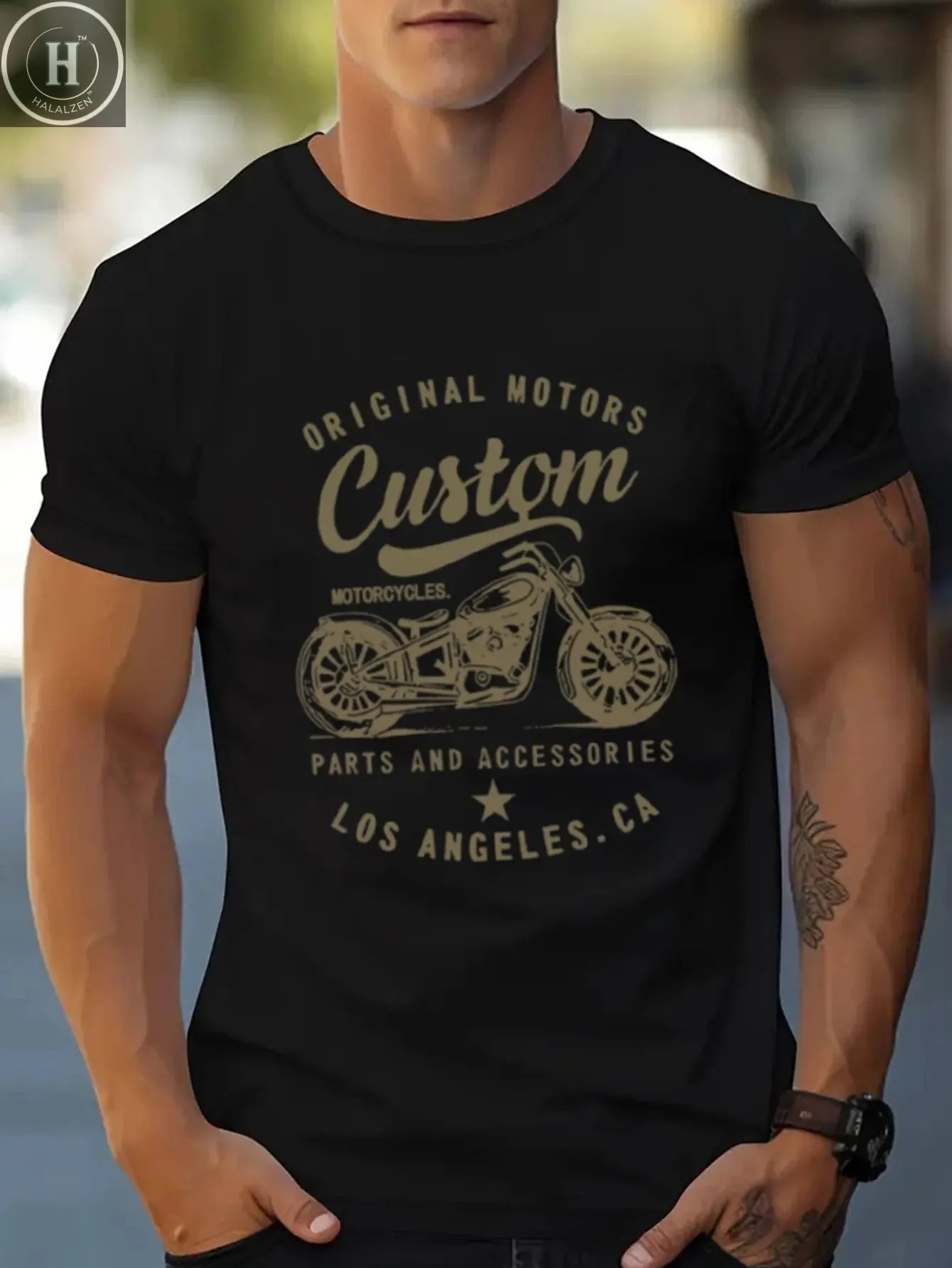 Men's 100% cotton fashionable casual loose oversized retro motorcycle pattern printed round neck short sleeved t-shirt HALALZEN