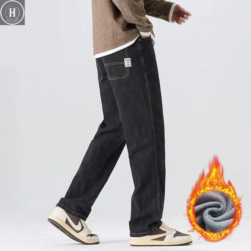 High Quality Winter Warm Fleece Thermal Men's Jeans Loose Straight Cotton Casual Wide-leg Business Trousers Man Plus Szie 40 42 HALALZEN