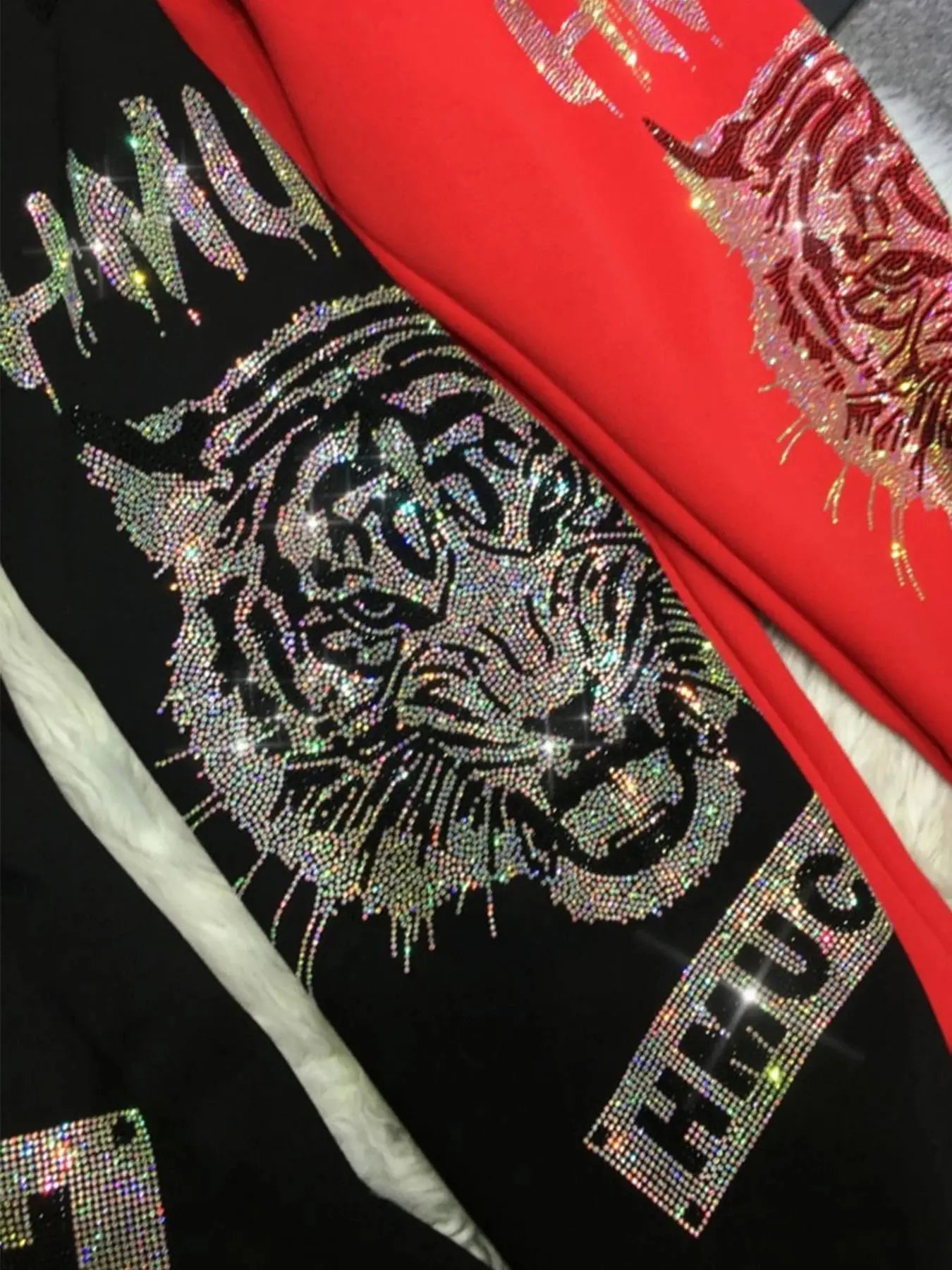 Plus Size Sweatpants Women Fleece Tiger Rhinestone Graphic Joggers with Pocket Cropped Length Bottom Thick Warm Winter Halalzen UK