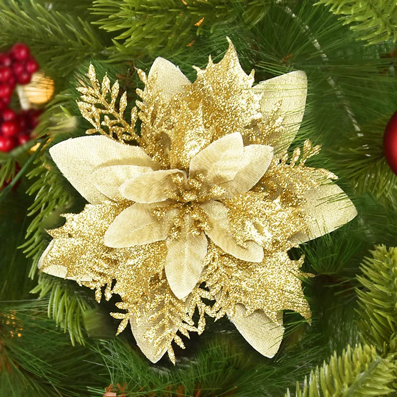 5/10Pcs 14cm Glitter Artificial Christmas Flowers Xmas Tree Ornaments Merry Christmas Decorations for Home New Year Gift Navidad