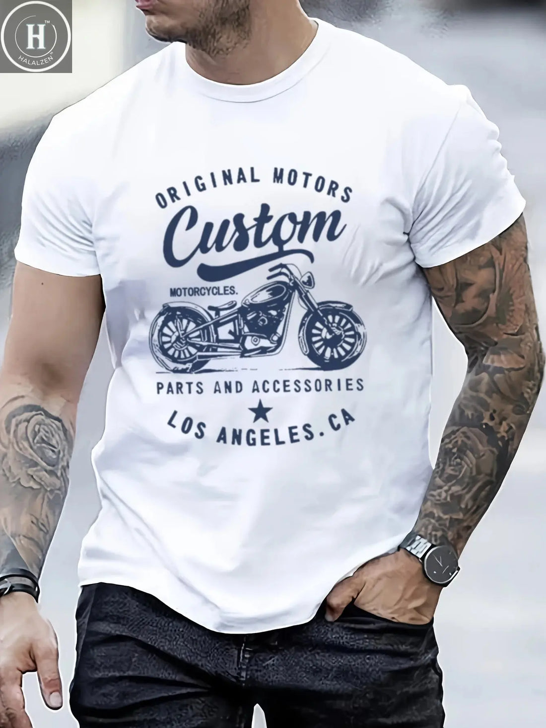 Men's 100% cotton fashionable casual loose oversized retro motorcycle pattern printed round neck short sleeved t-shirt HALALZEN