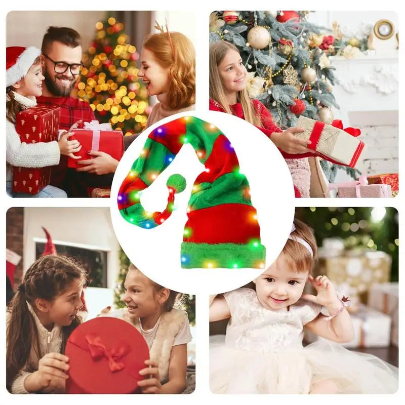 Christmas Creative LED Gold Velvet Light up Christmas Hat Elf Hat Decoration with 3 Button battery Holiday Party Dress Up hat