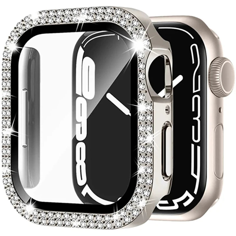 Glass+Diamond Cover For Apple watch case 46mm 40mm 44mm 41mm 42mm 45mm Bling Bumper Protector iWatch Series 11 10 9 SE 7 8 case