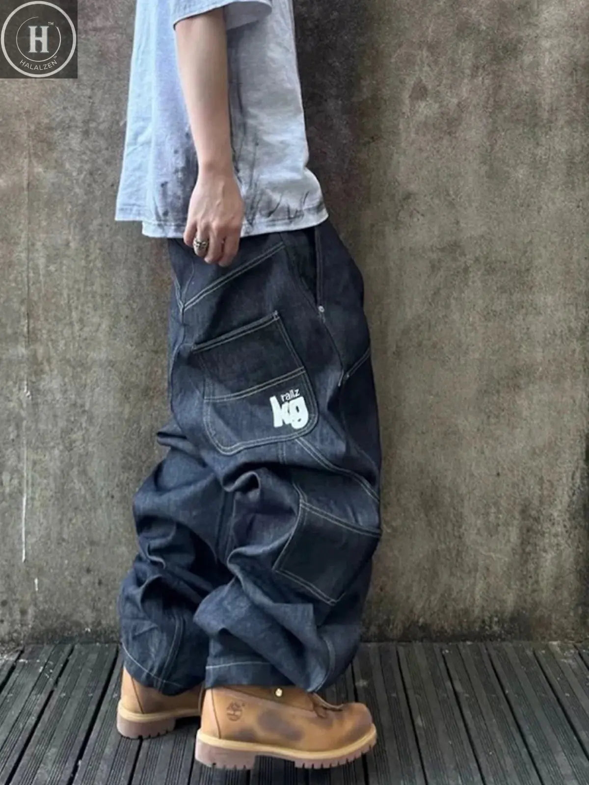 MIJKO Straight Blue Jeans Workwear Multi Pocket Embroidery Original Cow Trousers Comfortable Silhouette for Men and Women HALALZEN