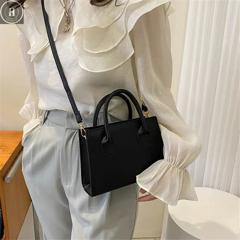 Elegant Black Handbag with Dual Handles, Chic Crossbody Bag, Retro Stylish Tote Small Bag for Women Girls Daily Use, Work, Party HALALZEN