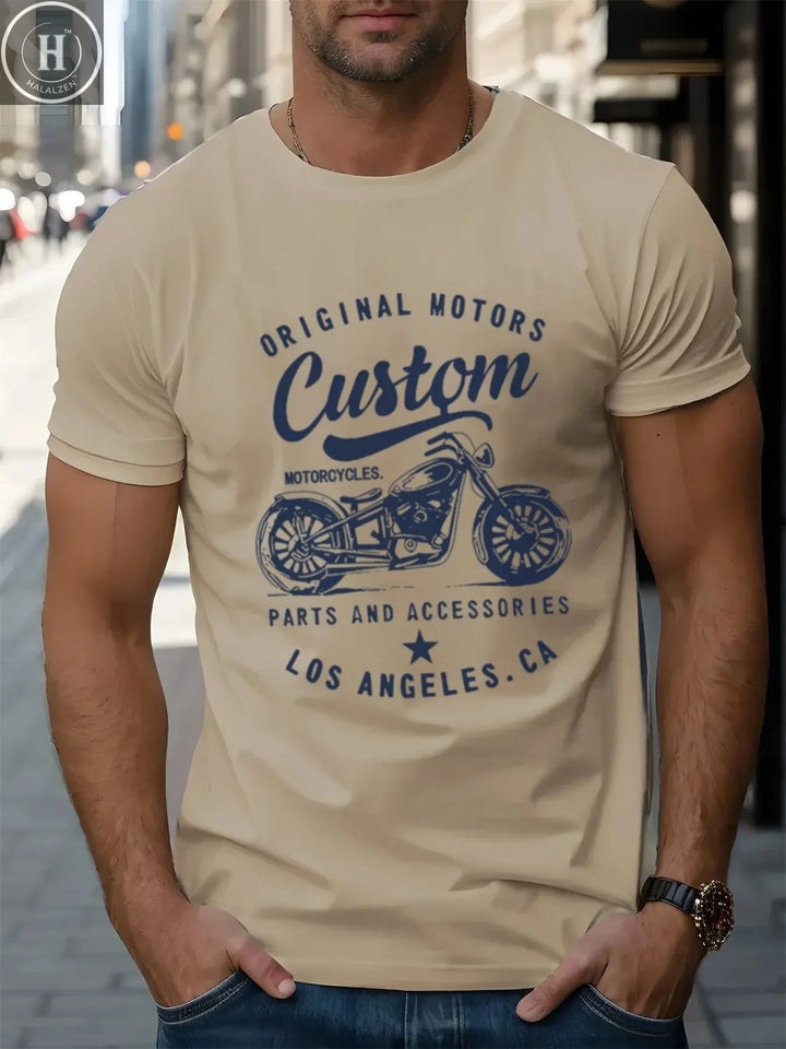 Men's 100% cotton fashionable casual loose oversized retro motorcycle pattern printed round neck short sleeved t-shirt HALALZEN