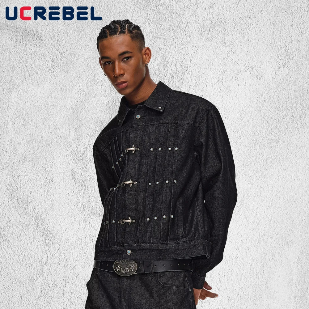 Spliced Raw Denim Jacket Mens with Rivets Retro High Street Autumn Winter Lapel Long Sleeve Cowboy Jacket Man Outerwear