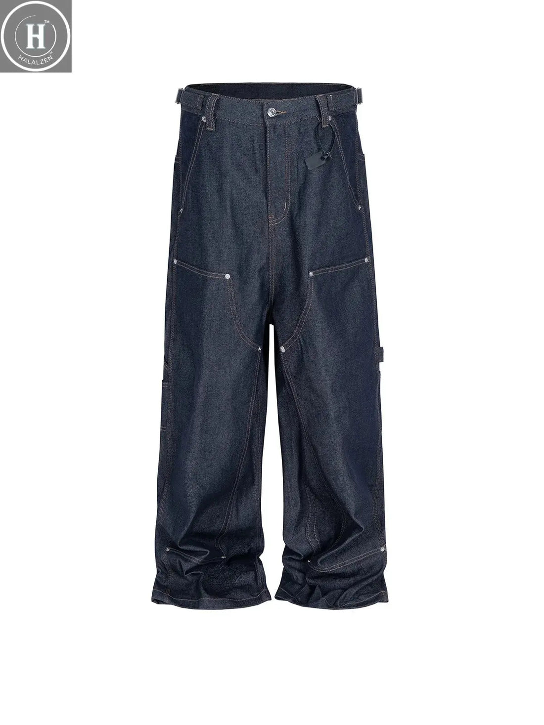 MIJKO Straight Blue Jeans Workwear Multi Pocket Embroidery Original Cow Trousers Comfortable Silhouette for Men and Women HALALZEN