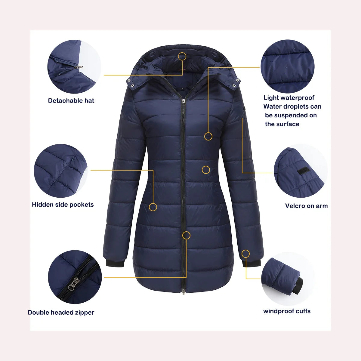 2024 New Waterproof Overcoat Women's Removable Cap Long-sleeved Parkas Winter Warm Jacket Female Red Yellow Gray Dark Blue Coats