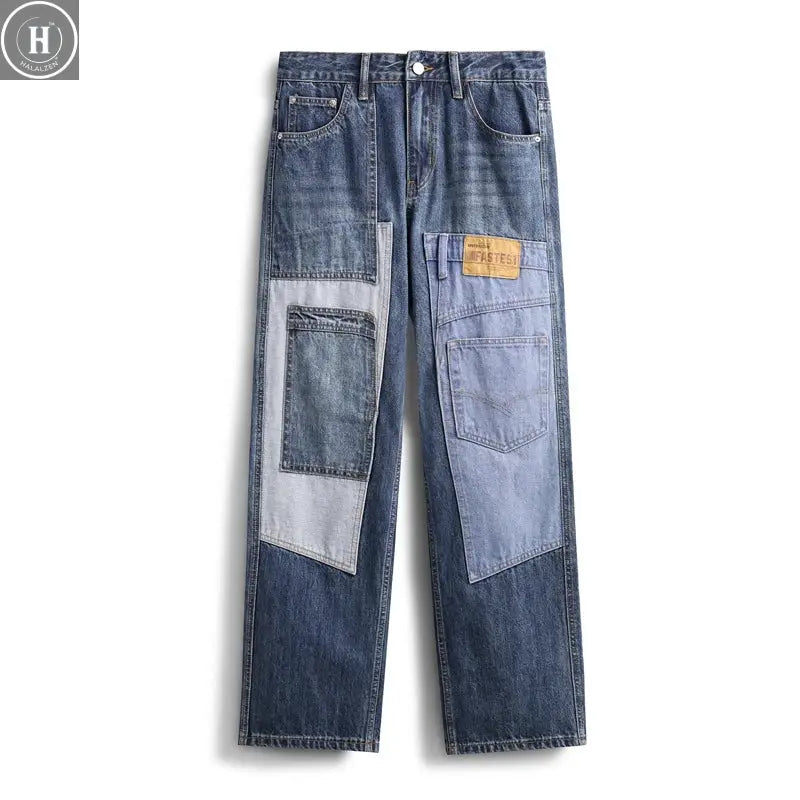 Men's Patchwork Pattern Design Baggy Jeans Cool Boy Street Style Bottoms Casual Pants Fashion Wide Leg Trousers Male Sweatpants HALALZEN