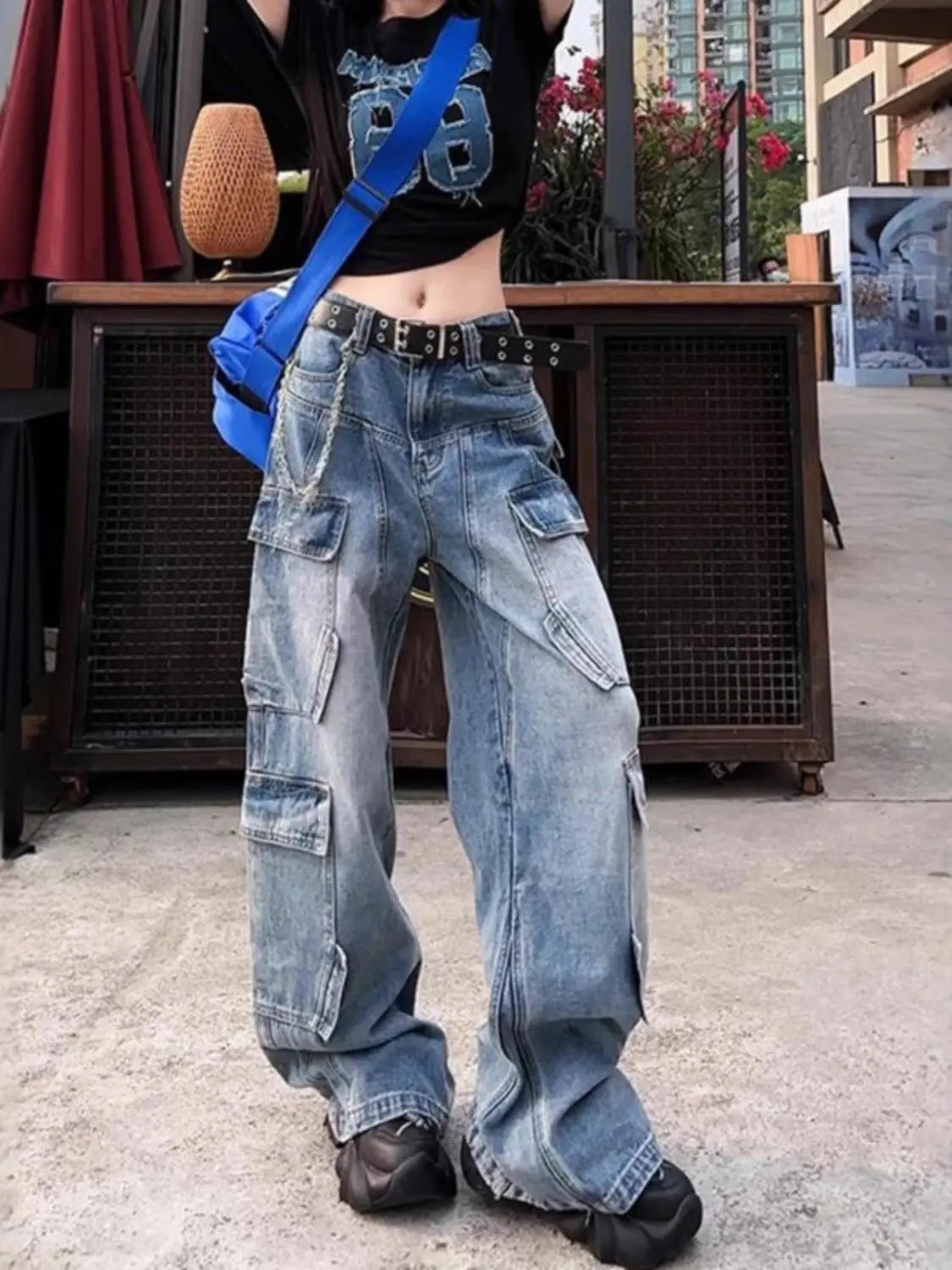 American High Street Multi Pocket Cargo Denim Pants Women 2025 Spring Autumn Loose Wide Leg Straight Washed Streetwear Jeans