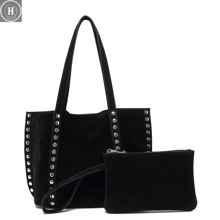 Vintage Faux suede women totes Rivet Shoulder Bag for lady  handbag and purse Matte leather Female Composite bag bolsa HALALZEN