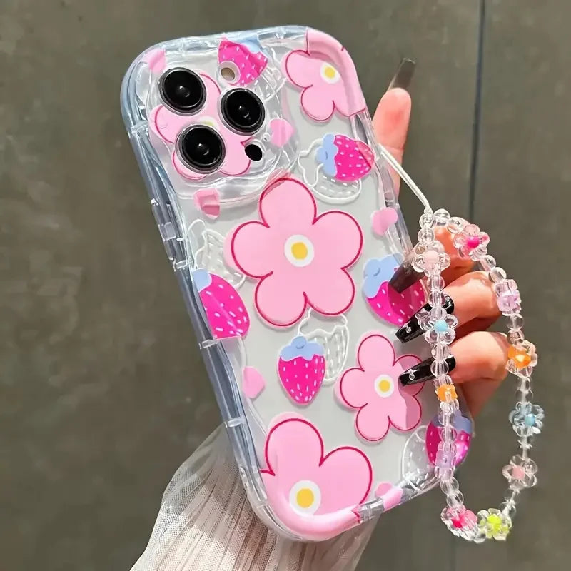 Fashionable, simple and cute TPU phone case with floral patterns With high-quality lanyards - i Phone 11, 11 Pro Max, 12, 12 Pro