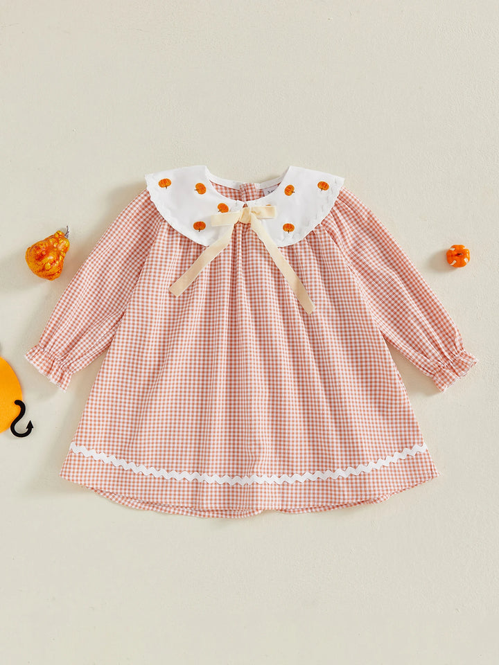 Cute Toddler Girls Halloween Dress with Long Sleeves and Doll Collar Featuring Pumpkin Embroidery on Plaid Fabric
