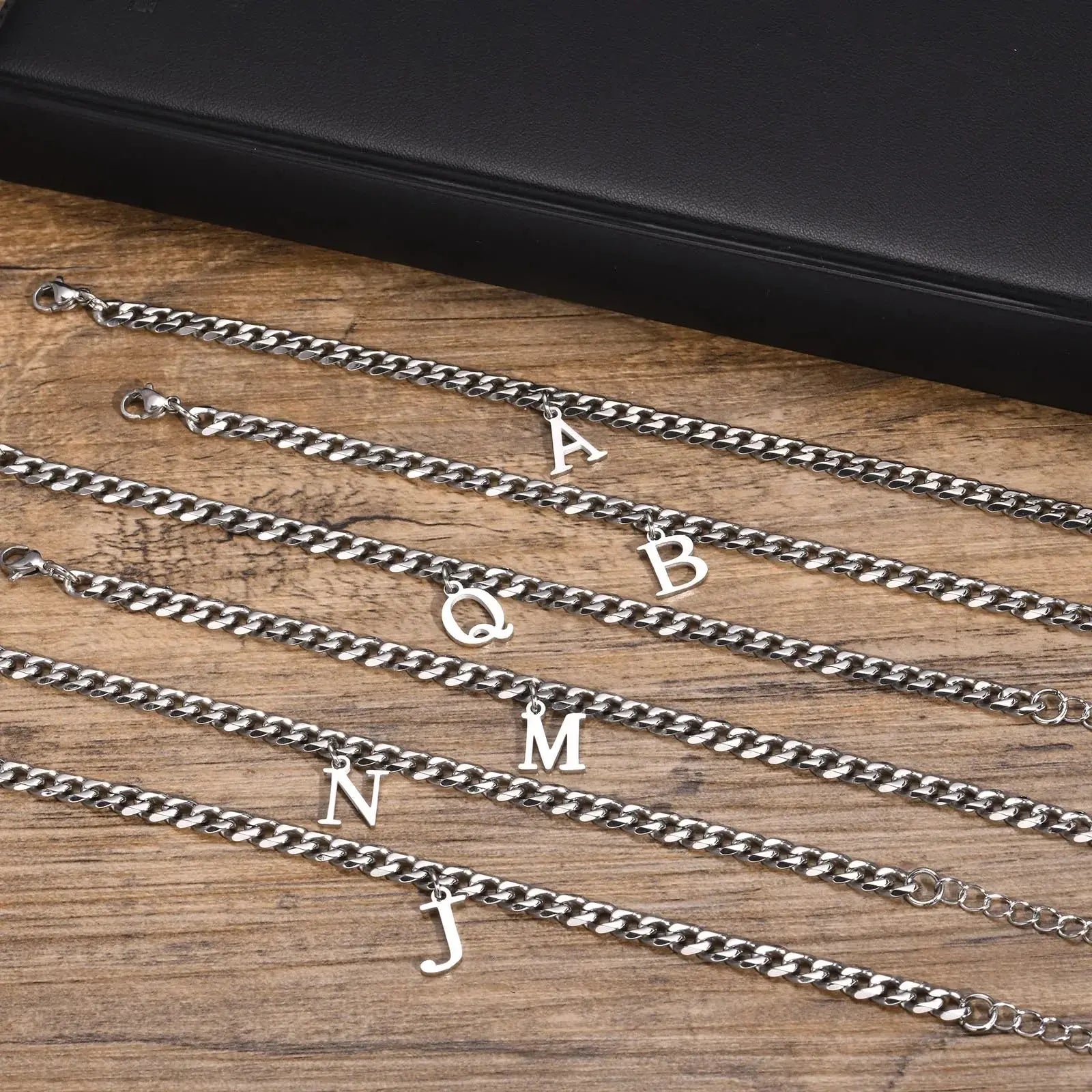 Mens Initials Cuban Links Bracelets,Stainless Steel A-Z 26 Letters Alphabet Charm Chain Wristband Adjustable,Casual Jewelry Gift HALALZEN