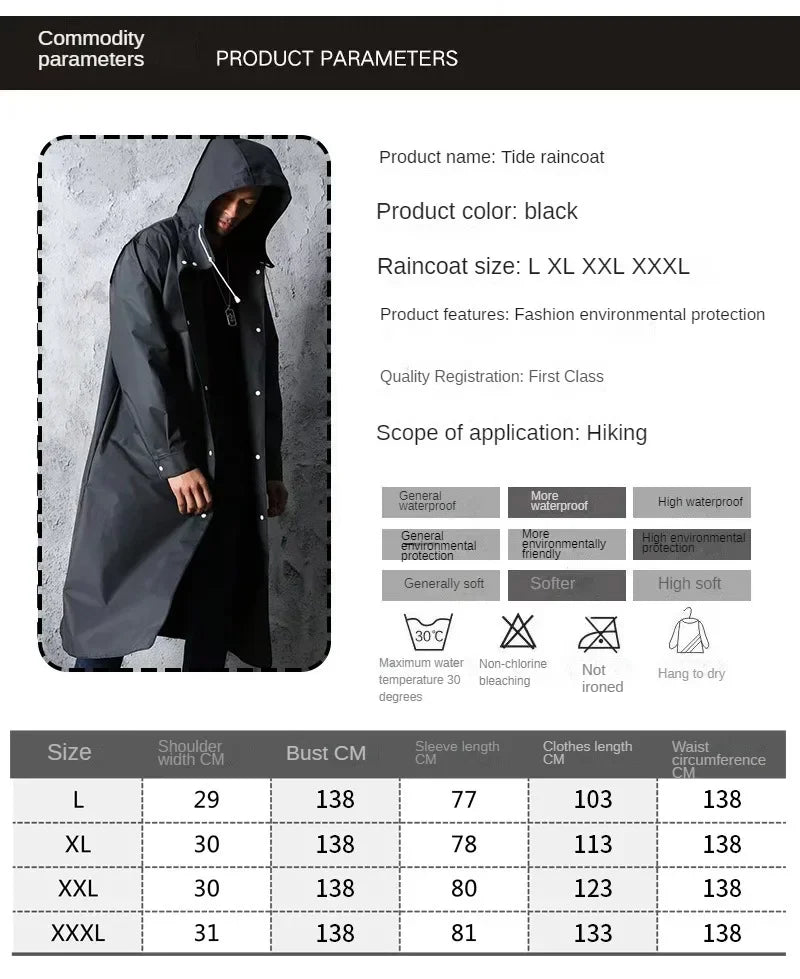 New Black Fashion Adult Waterproof Long Raincoat Ladies Men Raincoat Hooded Outdoor Hiking Trip Fishing Mountaineering