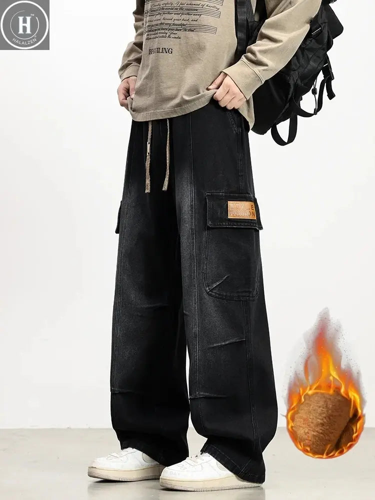 New Winter Velvet Denim Jeans Wide Leg Washing Jean Pants Men Trousers Neutral Loose Casual Outdoor Fashion Pants Big Size 8xl Halalzen UK