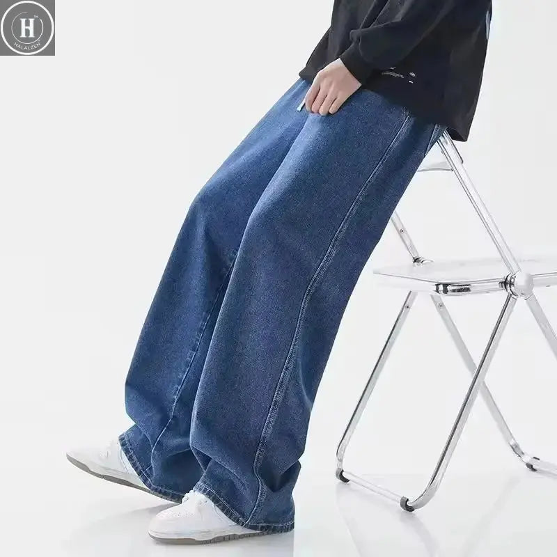 Men's Winter Fleece Loose Jeans  Elastic Waist Wide Leg Y2K Denim Pants Straight Comfortable Brand Men's Clothing HALALZEN