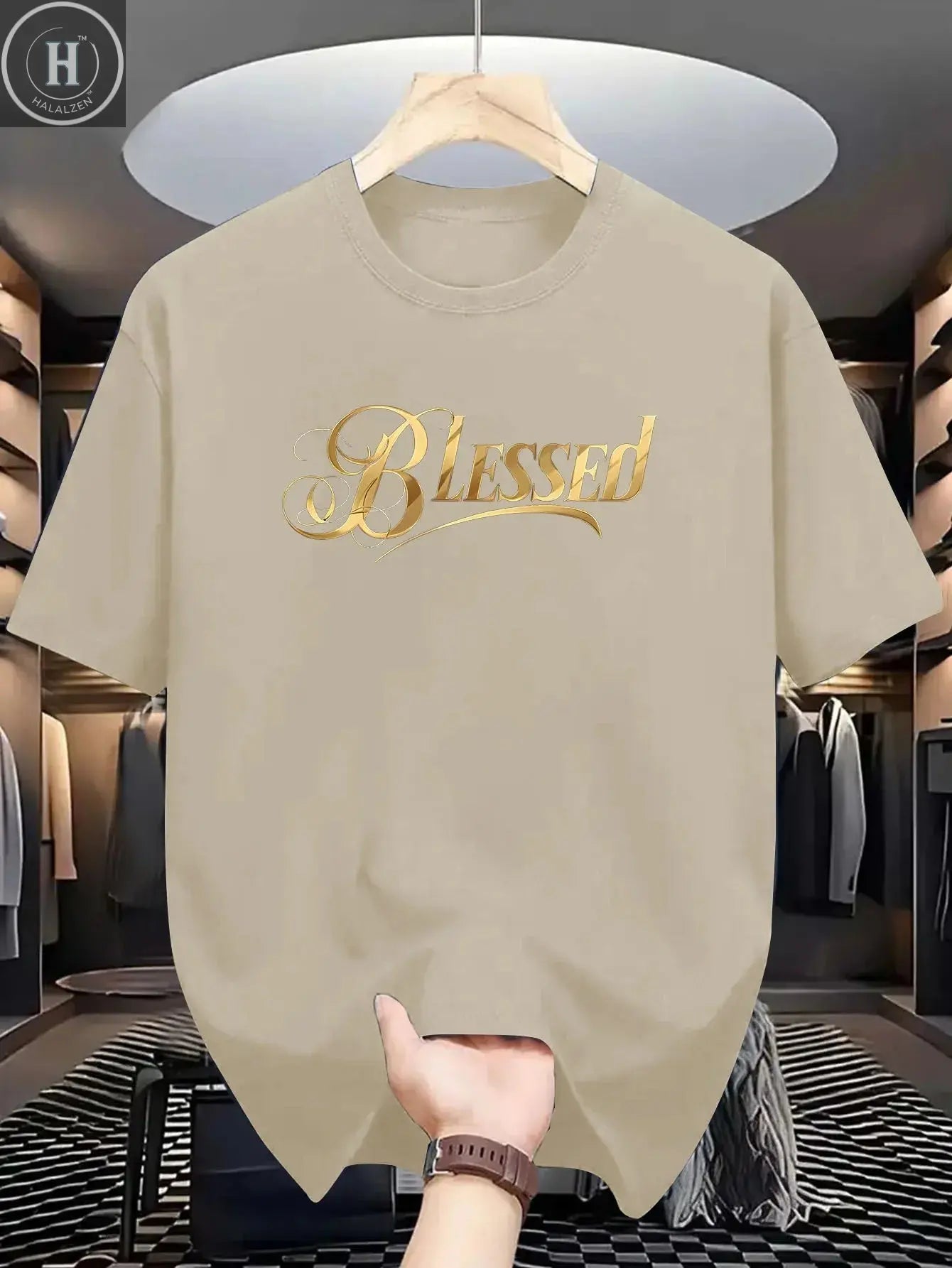 Men's summer 100% cotton fashionable casual loose classic Blessed pattern printed sports round neck short sleeved T-shirt top HALALZEN