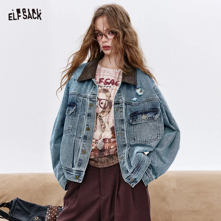 ELFSACK 2025 Autumn New Arrival Streetwear Washed Distressed Embroidery Loose Denim Jacket For Woman