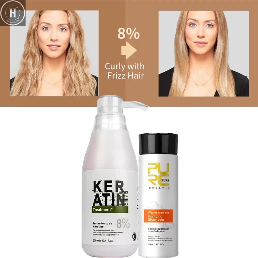 PURC 300ml Brazilian Keratin Hair Treatment & 100ml Purifying Shampoo Set Professional Straightening Repair Frizz Soft Hair Care HALALZEN