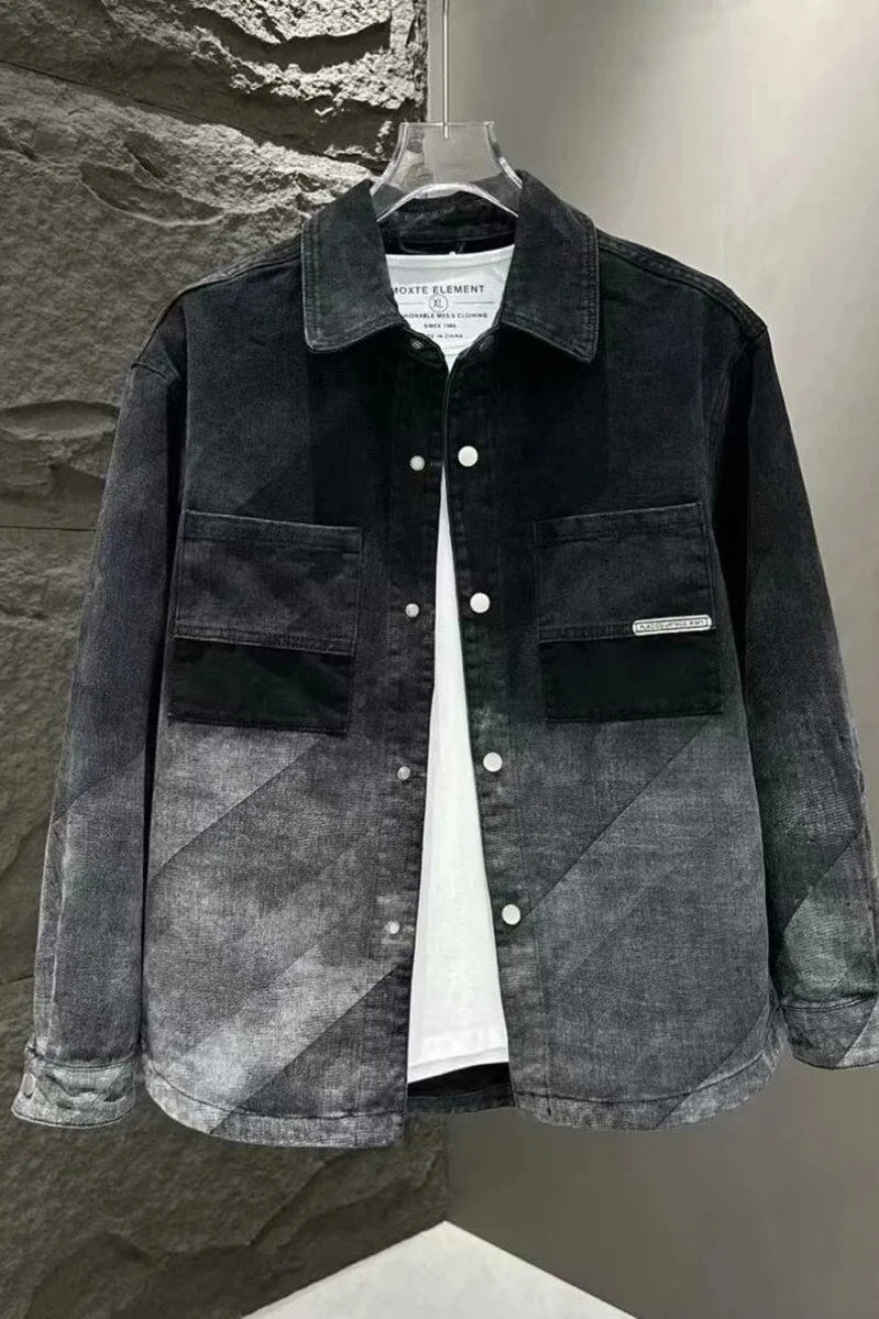 Men's Casual Loose Fit Denim Jacket With Patchwork Design And Faded Wash Turn Down Collar Single Breasted Long Sleeve Outerwear
