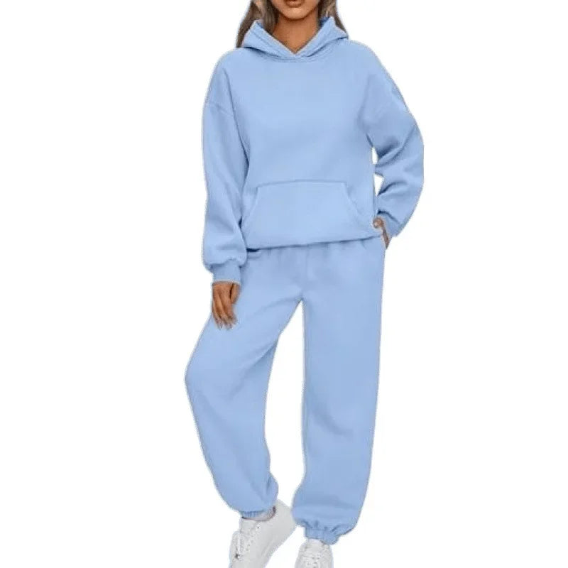 Fashionable Pure Color Autumn Winter Women's Two-Piece Set Casual Hoodie Sportswear Long Pants Ensemble Polyester Fiber