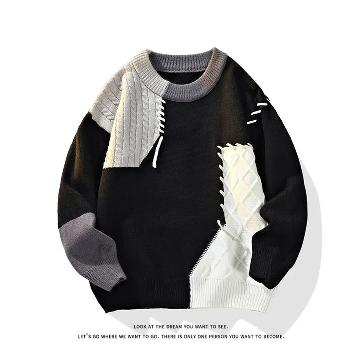 2025 Fall Winter Warm Men Sweaters Korean Style Patchwork Pullovers Round Neck Knitted Sweater Men Women Fashion Knitwear