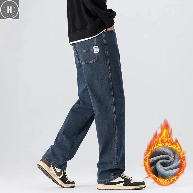 High Quality Winter Warm Fleece Thermal Men's Jeans Loose Straight Cotton Casual Wide-leg Business Trousers Man Plus Szie 40 42 HALALZEN