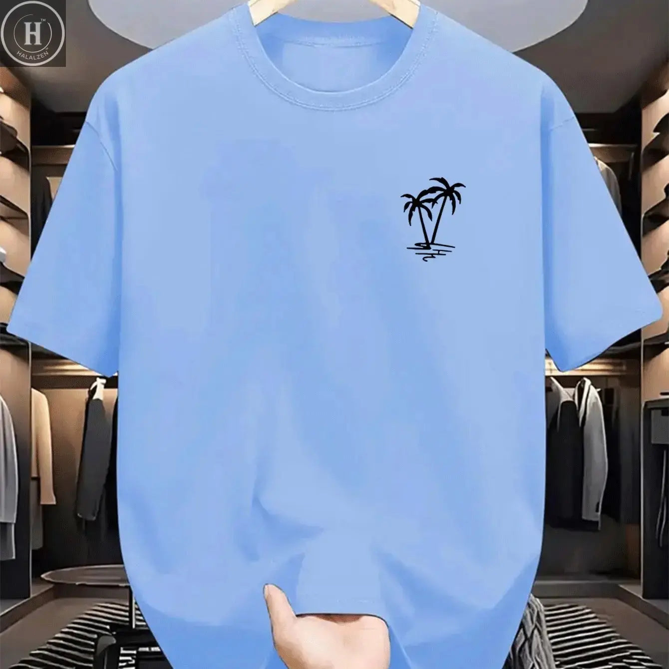 Men's summer 100% cotton fashionable casual loose coconut tree pattern printed sports round neck short sleeved T-shirt top HALALZEN