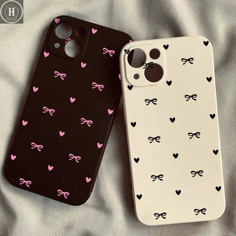 Cute Pink Bow Korean Style Phone Case For IPhone 15 14 13 12 11 Pro Max XR XS X 7 8 Plus Love Heart Soft Square Silcone Cover Halalzen UK
