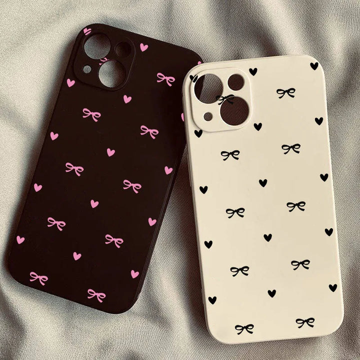 Cute Pink Bow Korean Style Phone Case For IPhone 15 14 13 12 11 Pro Max XR XS X 7 8 Plus Love Heart Soft Square Silcone Cover