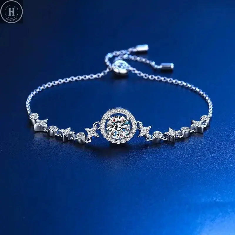 JH 925 Sterling Silver Moissanite Bracelet For Women Adjustable Starry Sky Bracelet Round Cut 1CT Fine Jewelry Lab Gemstone HALALZEN