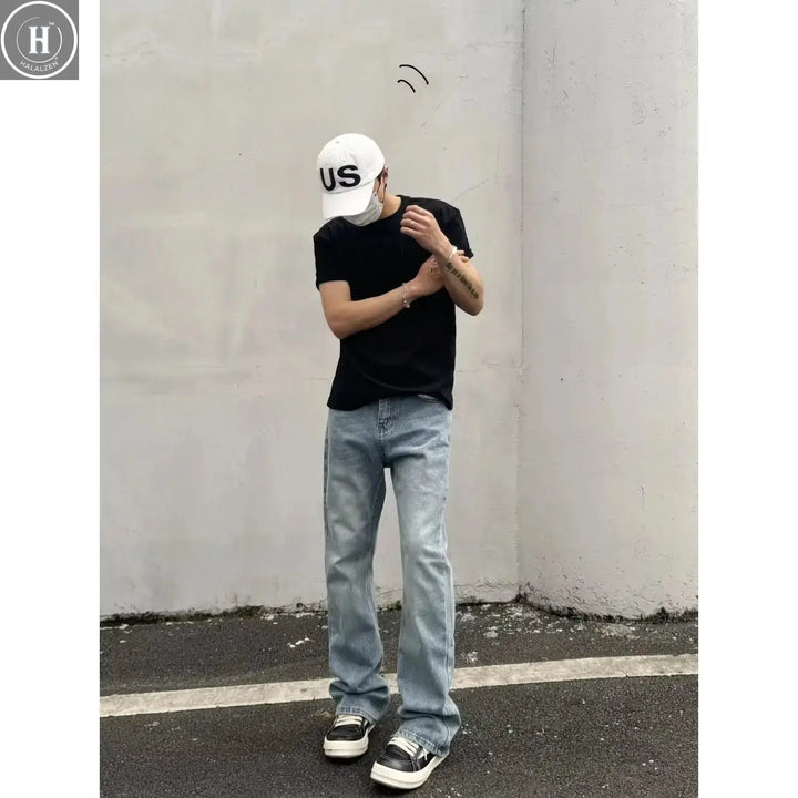 American Basic Style Light Blue High Elasticity Flared Jeans Drapey Versatile Casual Cleanfit Long Trousers for Men Halalzen UK