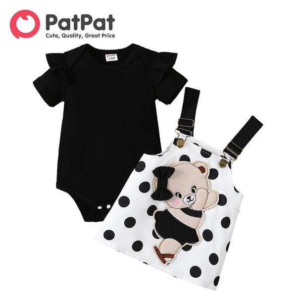 Cotton Ruffle Trim Short-sleeve Romper and Bear Graphic Polka Dots Overall Dress Sets