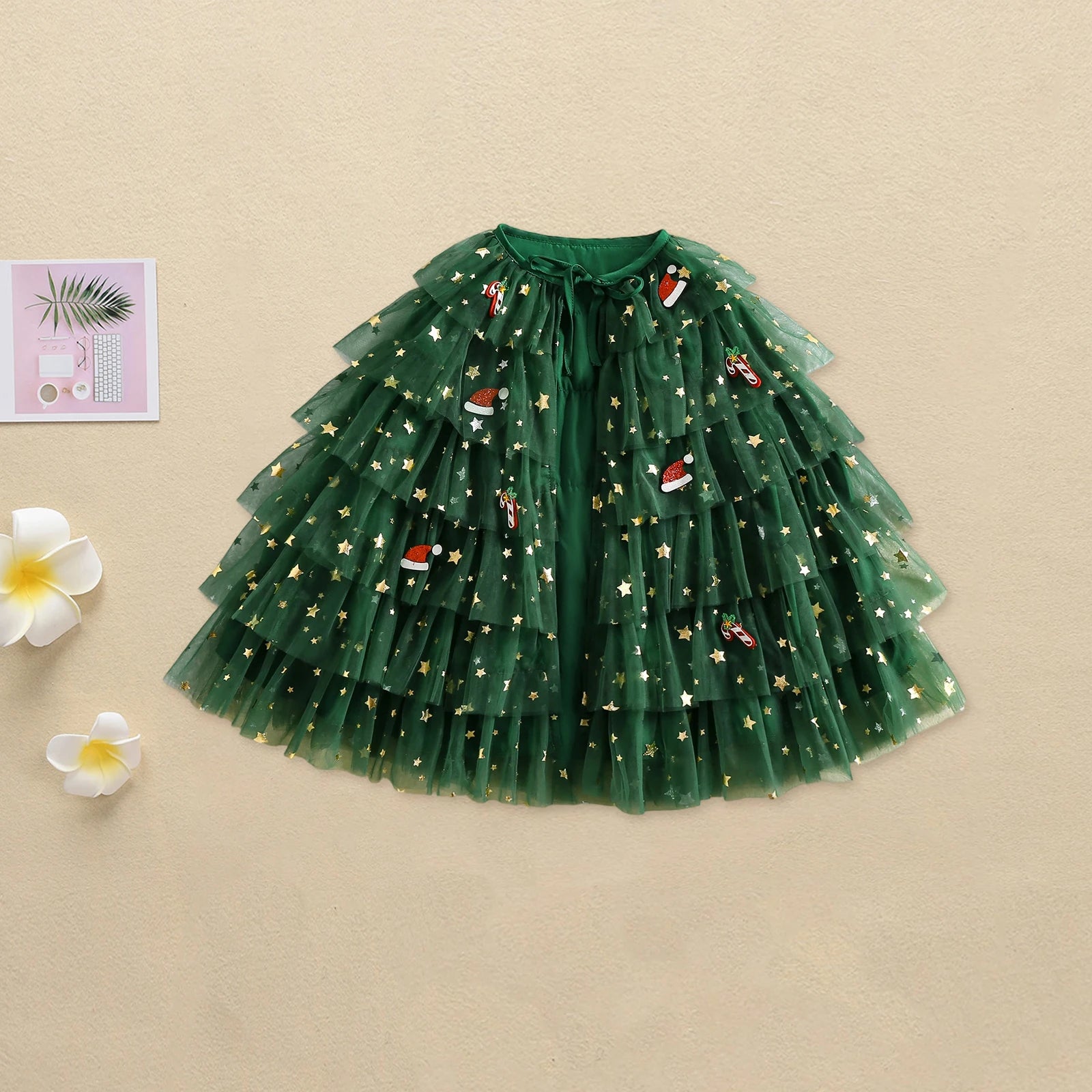 Christmas Tulle Cloak for Girls Snowman Reindeer Gingerbread Man Tiered Cake Tie Front Cape with Holly Accents