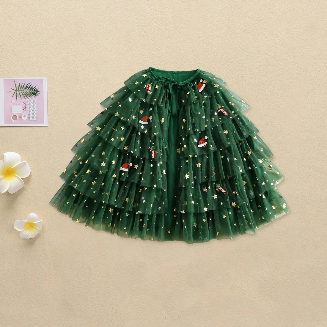 Christmas Tulle Cloak for Girls Snowman Reindeer Gingerbread Man Tiered Cake Tie Front Cape with Holly Accents