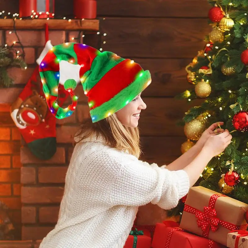 Christmas Creative LED Gold Velvet Light up Christmas Hat Elf Hat Decoration with 3 Button battery Holiday Party Dress Up hat