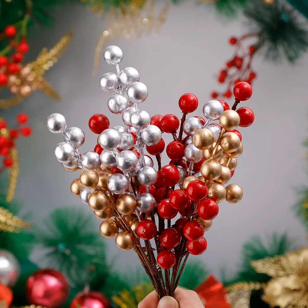 Artificial Berries Red Gold Silver Fake Berries Branch Cherry Stamen Christmas DIY Floral Wreath Ornament New Year Party Decor