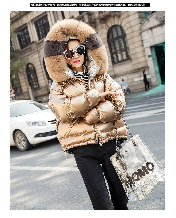 New Real Fur Parkas Natural Fox Fur Collar Jacket Winter Women Loose Short Down Coat White Duck Down Jacket Thick Warm Down Coat