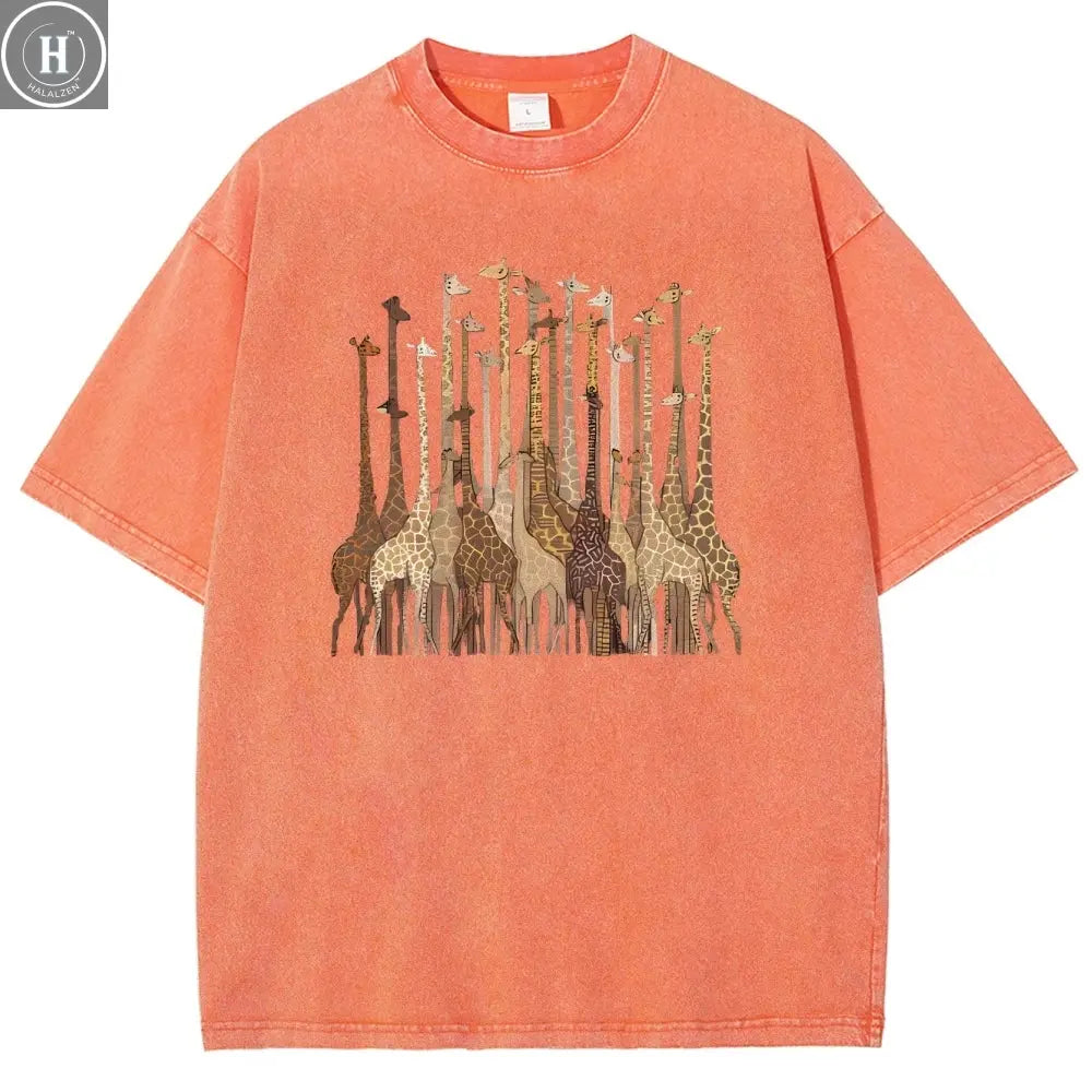 100% Cotton Women's T-Shirt High Quality Soft Cartoon Funny Giraffe Print T-Shirt Custom T-Shirt Daily Wear Clothing HALALZEN