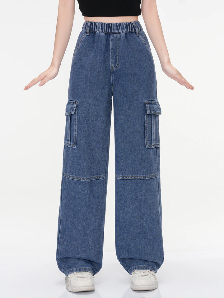 Women's Vintage Washed Cargo Jeans - High Waist Straight Wide Leg Denim Pants for Girls, Casual Stretch Slimming College Style R