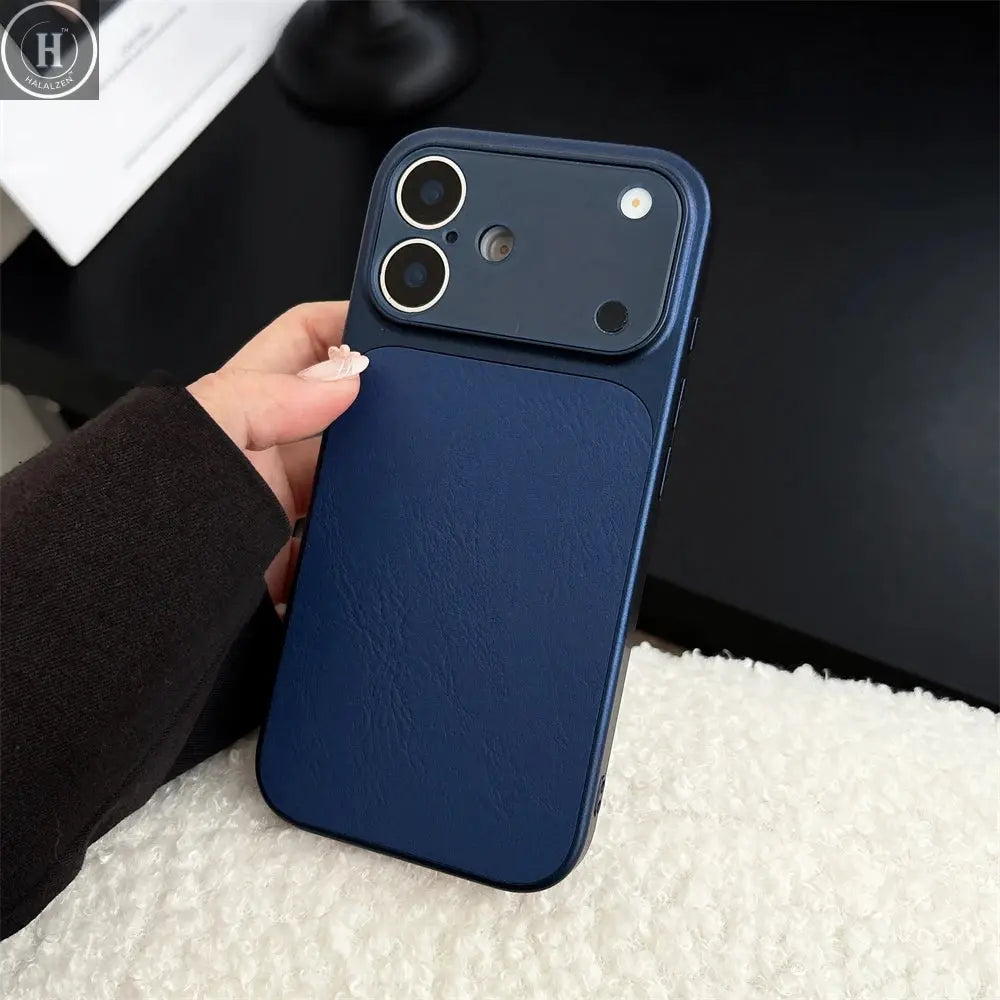 Luxury Large Window Leather Phone Case For iPhone 17 16 15 14 13 Pro Max Lens Protection Matte Shockproof Plating Back Cover Halalzen UK